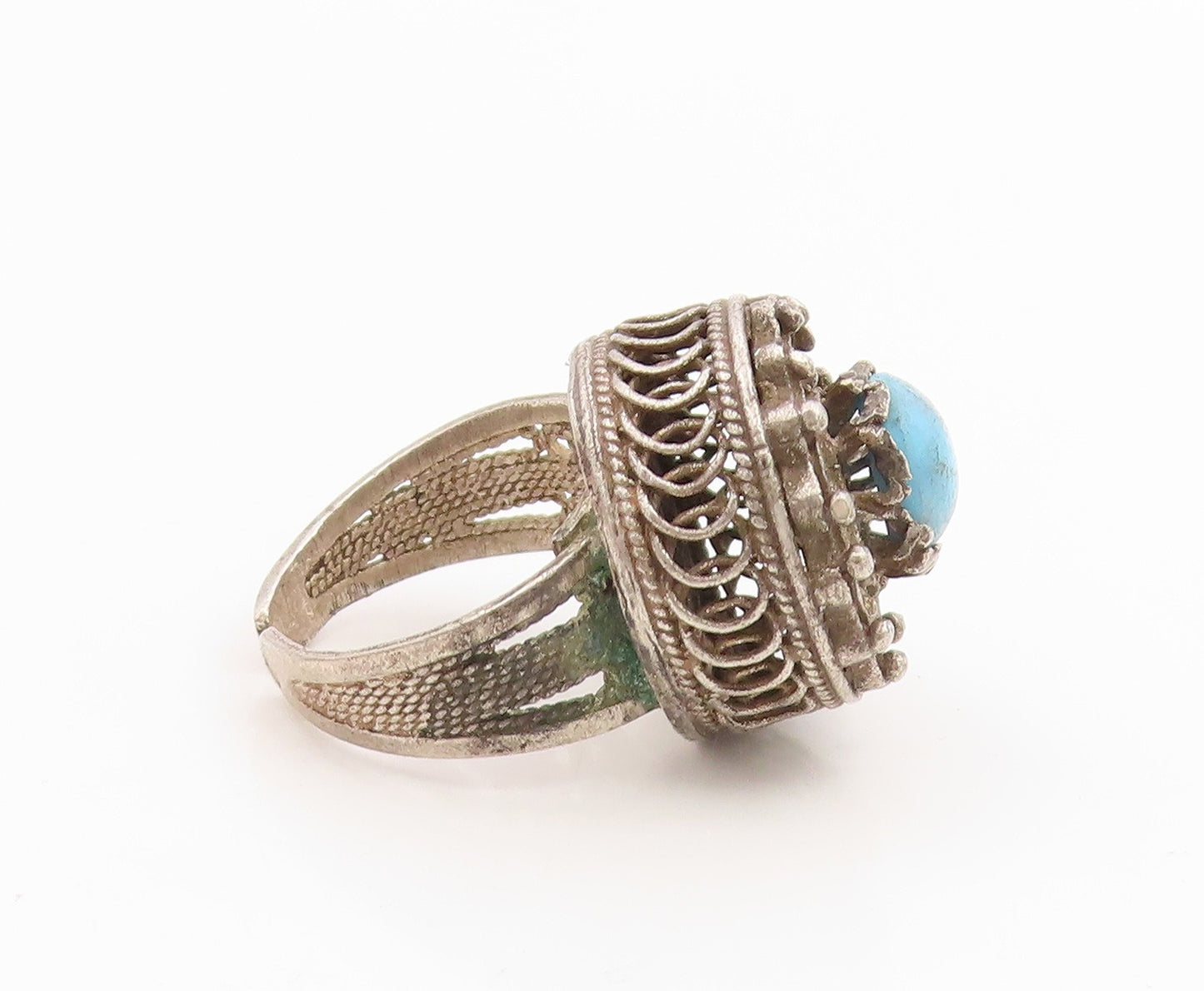 925 Sterling Silver Vintage Ring Turquoise Filigree Statement Band Sz 7 RG35929
