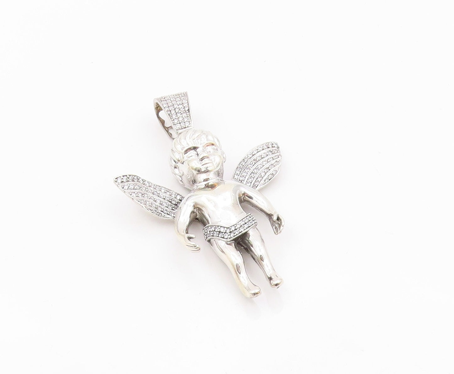 925 Sterling Silver  Vintage Shiny Cubic Zirconia Baby Angel Pendant  PT9545