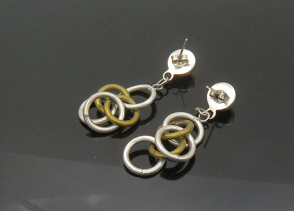 925 Sterling Silver  Vintage 2 Tone Linked Circles Dangle Earrings  EG10813