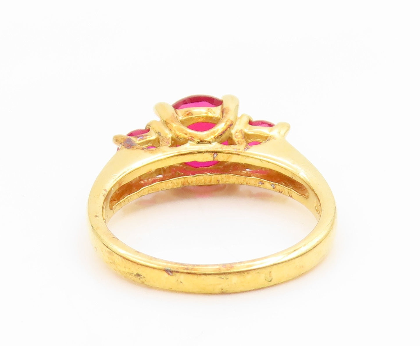 925 Sterling Silver Vintage Ring Gold Plated Three Stone Ruby Band Sz 6 RG35818