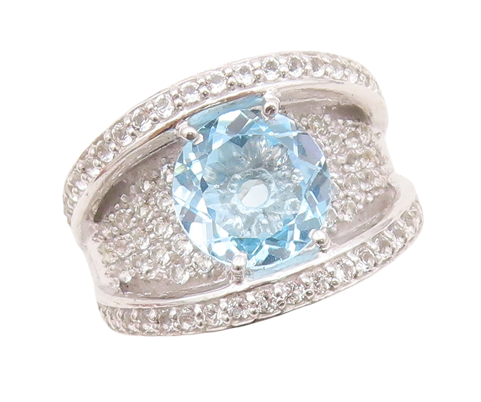 925 Sterling Silver Vintage Ring Designer Cutout Blue & White CZ Sz 7.5  RG30439