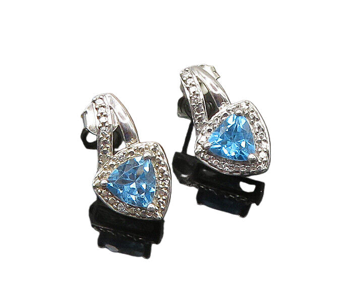 925 Sterling Silver Vintage Genuine Diamond & Blue Topaz Drop Earrings EG10652