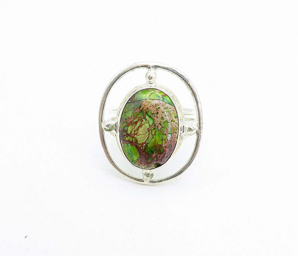 925 Sterling Silver  Green & Purple Jasper Shiny Cocktail Ring Sz 7.5  RG8036