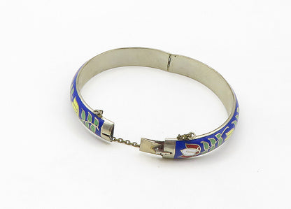 925 Sterling Silver  Vintage Enamel Floral Pattern Bangle Bracelet  BT8540
