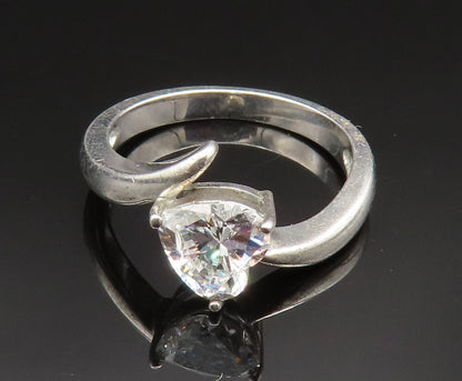 925 Silver   Vintage Cubic Zirconia Love Heart Bypass Ring Sz 7  RG24722