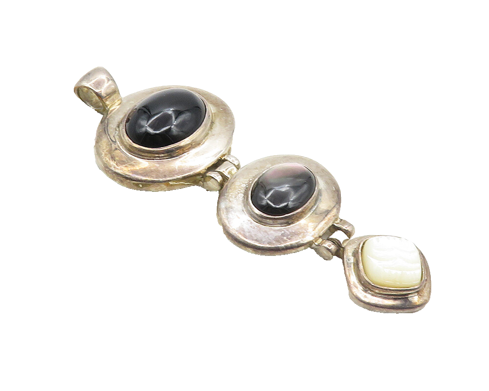 ESPO SIG 925 Silver  Vintage Mother Of Pearl Abalone & Onyx Pendant  PT7869