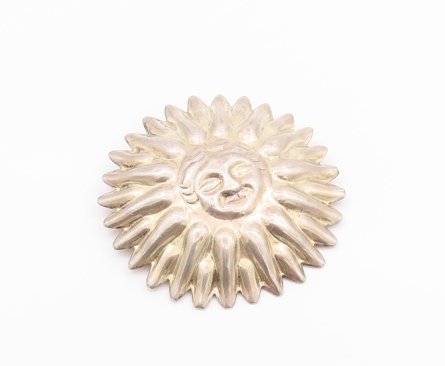 925 Sterling Silver Vintage Brooch MEXICO Puffed Smiling Sun Carved  BP11665