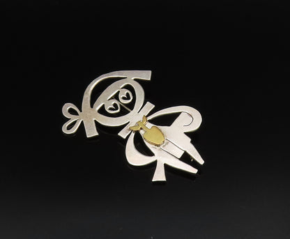 925 Silver  Vintage Two Tone Modernist Student With Apple Brooch Pin  BP9840