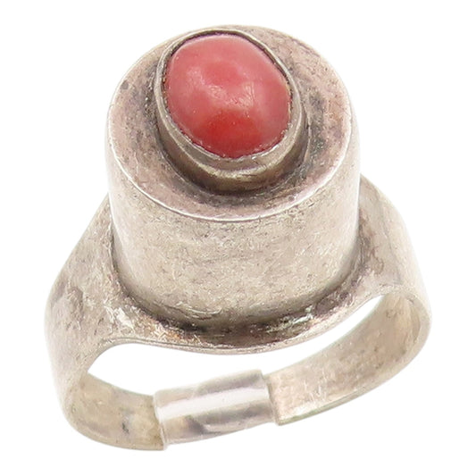 925 Sterling Silver Vintage Ring ISRAEL Cabochon Coral Band  Sz 7  RG35242