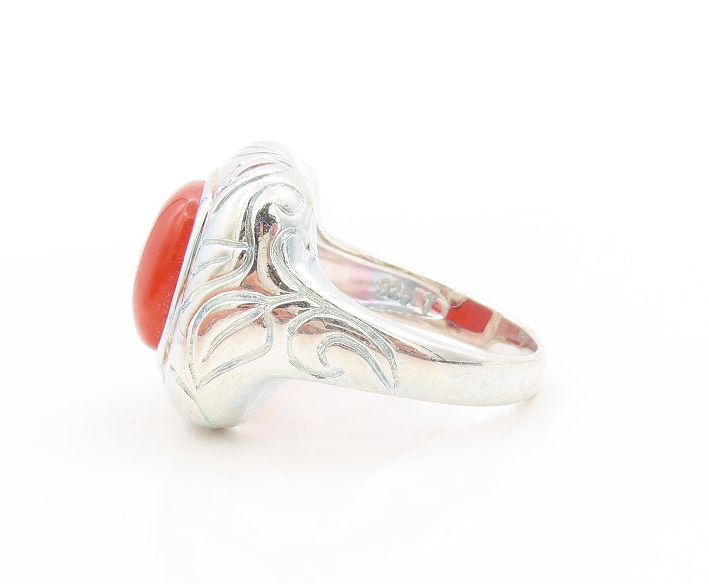 925 Sterling Silver Vintage Ring Carnelian Etched Floral Leaf Band Sz 7 RG33696