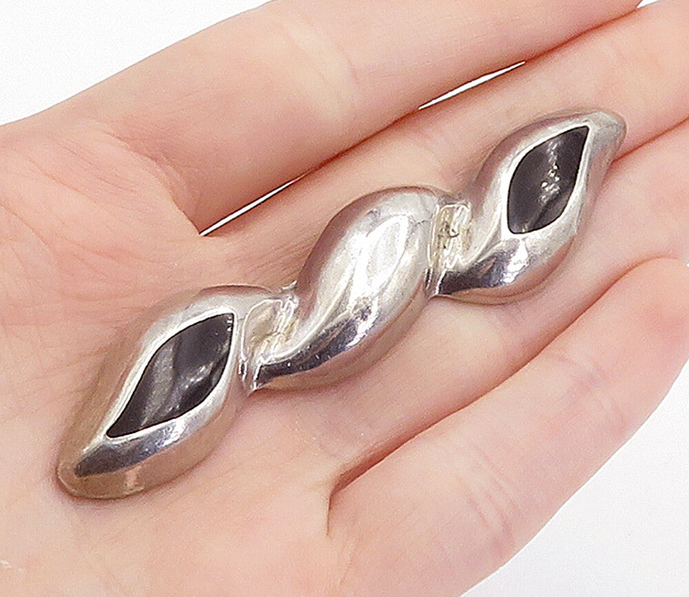 MEXICO 925 Sterling Silver  Vintage Black Onyx Hollow Twist Brooch Pin  BP1340