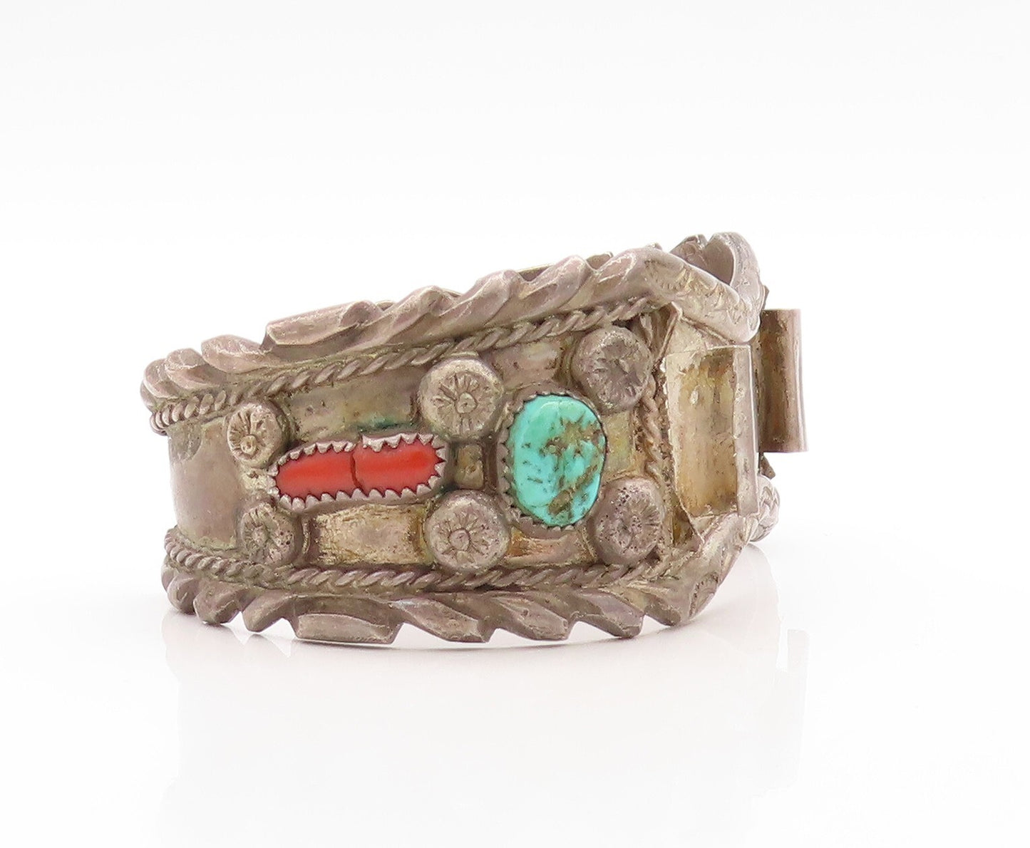 925 Sterling Silver Vintage Watch Cuff NAVAJO ZUNI Carved Turquoise  TR3820