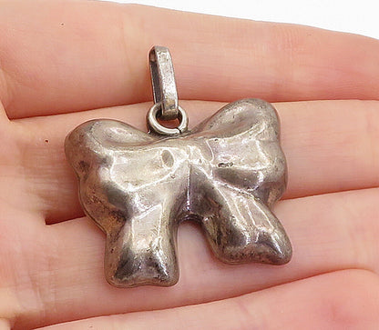 MEXICO 925 Sterling Silver  Vintage Dark Tone Bow Tied Ribbon Pendant  PT4460