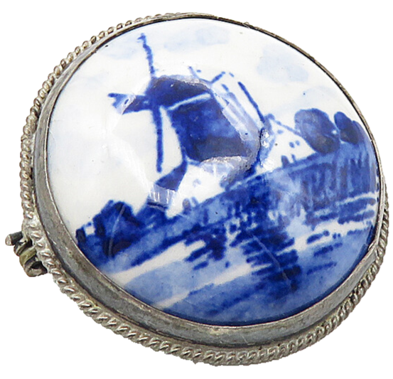 HOLLAND 925 Sterling Silver  Vintage Enamel Windmill Scene Brooch Pin  BP3495