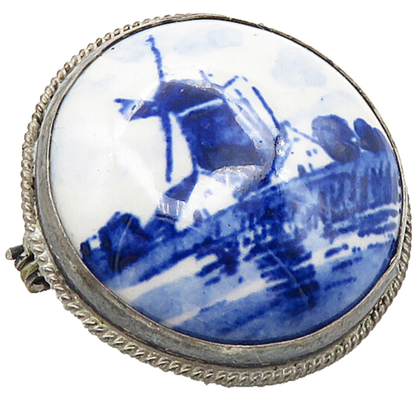 HOLLAND 925 Sterling Silver  Vintage Enamel Windmill Scene Brooch Pin  BP3495