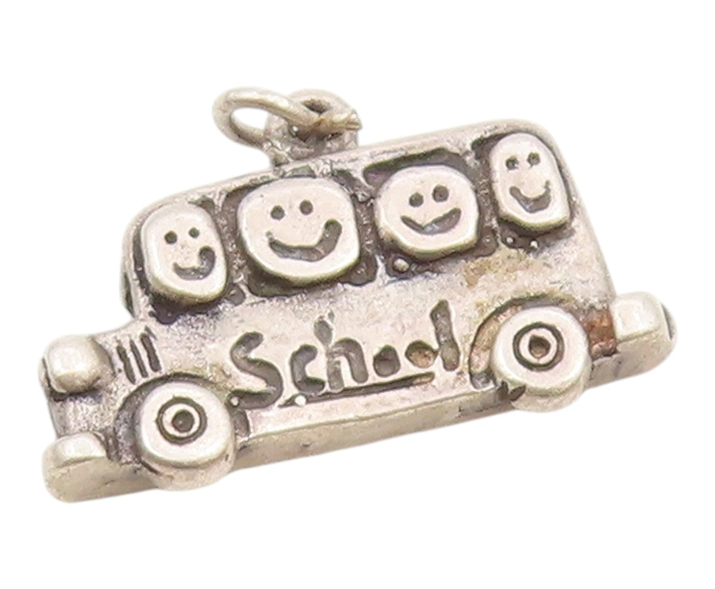 925 Sterling Silver  Vintage Happy Students On School Bus Pendant  PT19739