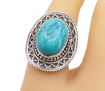 925 Sterling Silver  Turquoise Shiny Swirl Border Cocktail Ring Sz 7  RG7918