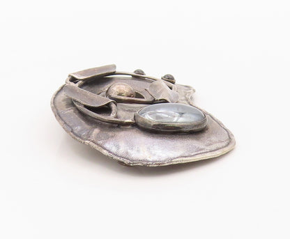 925 Sterling Silver Vintage Brooch Pin Hematite & Garnet Abstract Leaf   BP12581