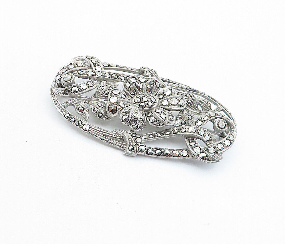 925 Sterling Silver  Vintage Sparkling Floral Vine Motif Brooch Pin  BP2118