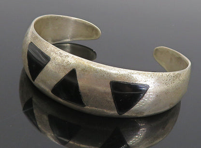 MEXICO 925 Sterling Silver  Vintage Inlaid Black Onyx Cuff Bracelet  BT3849