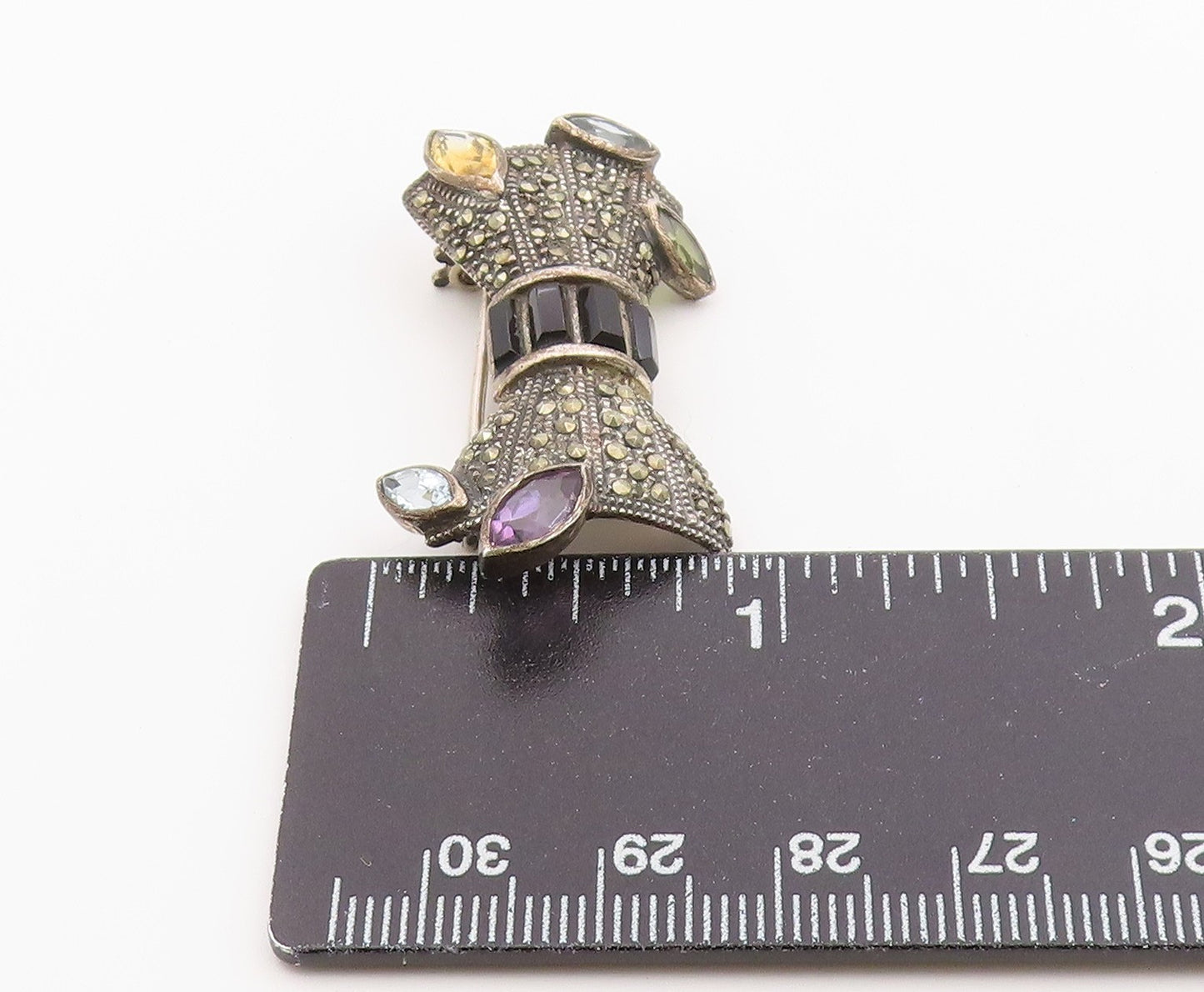 925 Sterling Silver Vintage Brooch Pin Classic Multi Gemstone Ribbon Bow BP12584