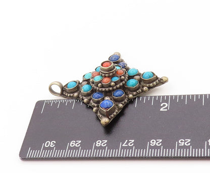 925 Sterling Silver Vintage Pendant Turquoise Lapis Lazuli Carnelian  PT24166