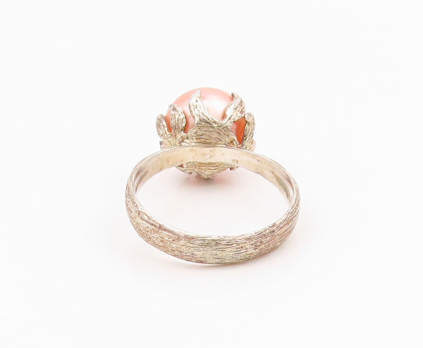 925 Sterling Silver Vintage Ring Modernist Pink Pearl Grooved Band Sz 10 RG33038