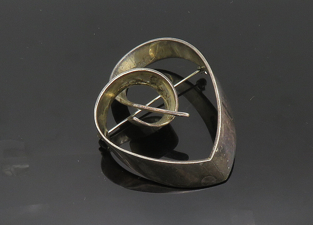 SIERRA MEXICO 925 Silver  Vintage Heavy Ribbon Love Heart Brooch Pin  BP8257