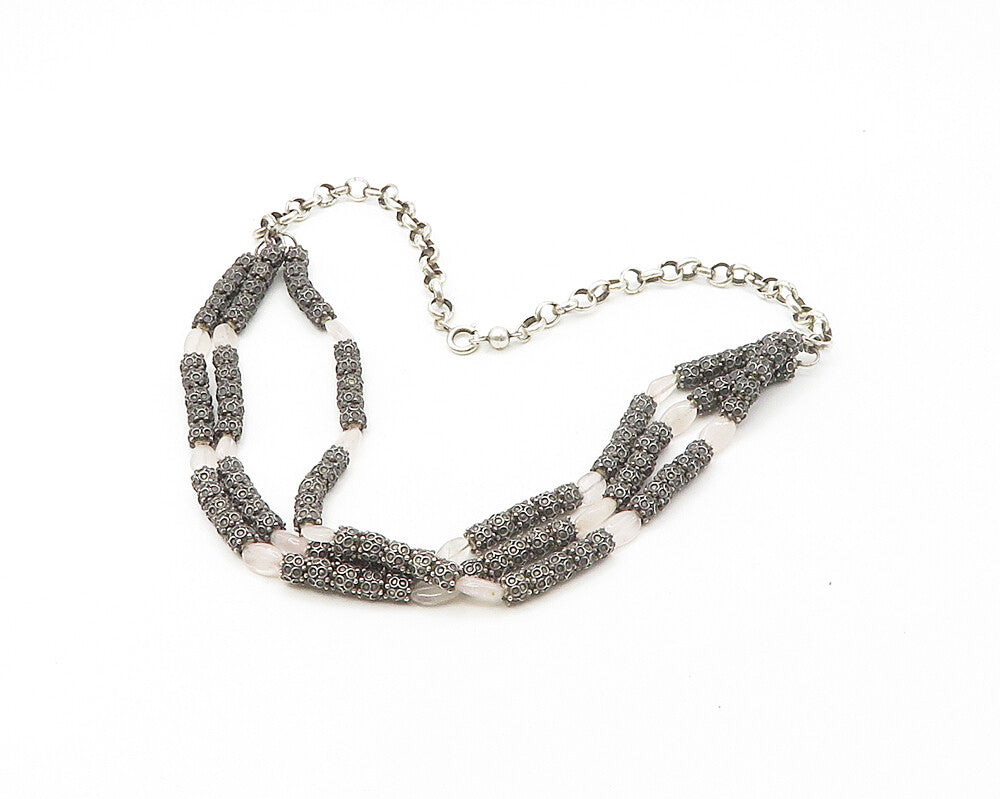 925 Sterling Silver  Vintage Rose Quartz Dark Tone Beaded Necklace  NE2969