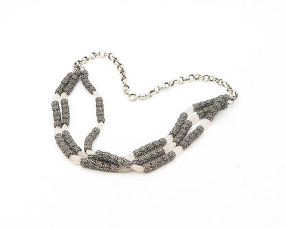 925 Sterling Silver  Vintage Rose Quartz Dark Tone Beaded Necklace  NE2969