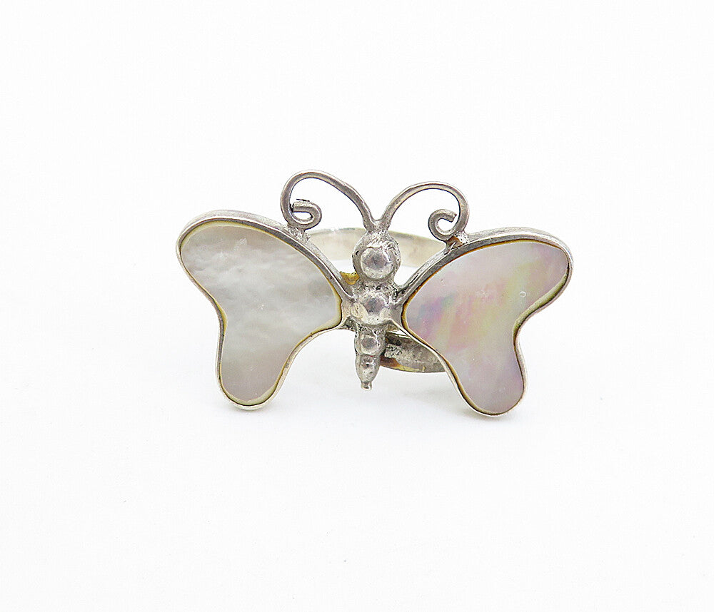 925 Silver  Vintage Mother Of Pearl Butterfly Motif Cocktail Ring Sz 7  RG7857