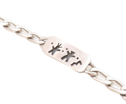MEXICO 925 Silver  Vintage Oxidized Figures Curb Link Chain Bracelet  BT3023