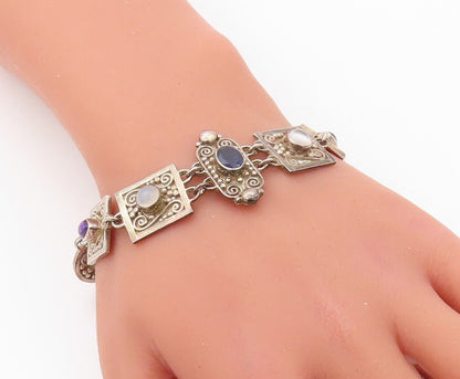 925 Sterling Silver Vintage Bracelet Antique Swirly Carved Gemstones  BT10804