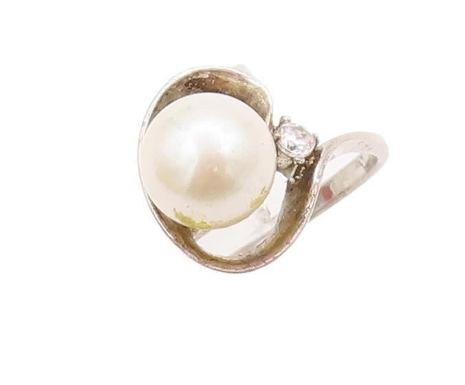 925 Sterling Silver Vintage Ring Designer Carved Pearl & Topaz  Sz 7.5  RG28414