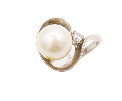 925 Sterling Silver Vintage Ring Designer Carved Pearl & Topaz  Sz 7.5  RG28414