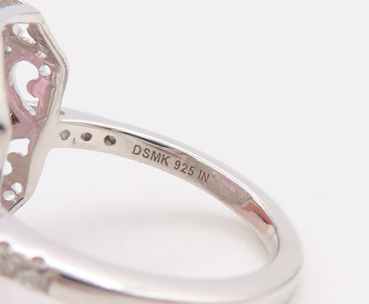 925 Sterling Silver Vintage Ring Rectangle Light Pink Halo White CZ Sz 7 RG30548