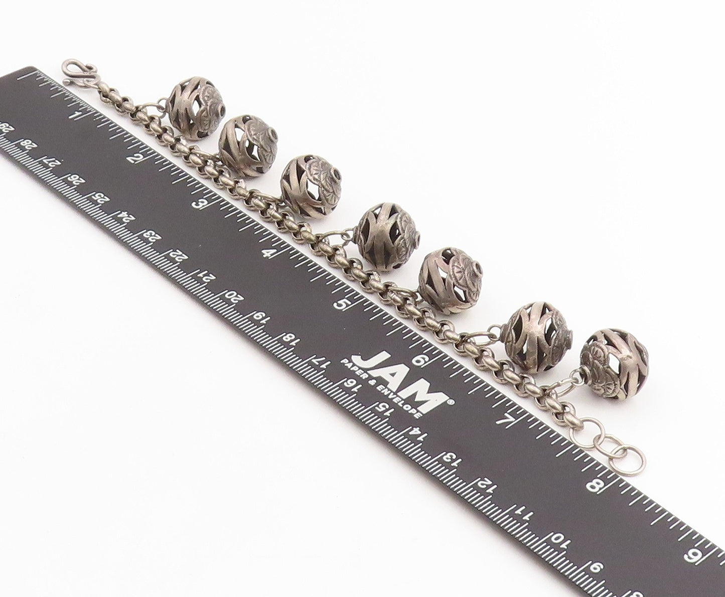 925 Sterling Silver Vintage Bracelet Carved Floral Roses Beaded Chain  BT11430