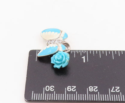 925 Sterling Silver Vintage Pendant CZ Enameled Butterfly & Rose Charm  PT25858