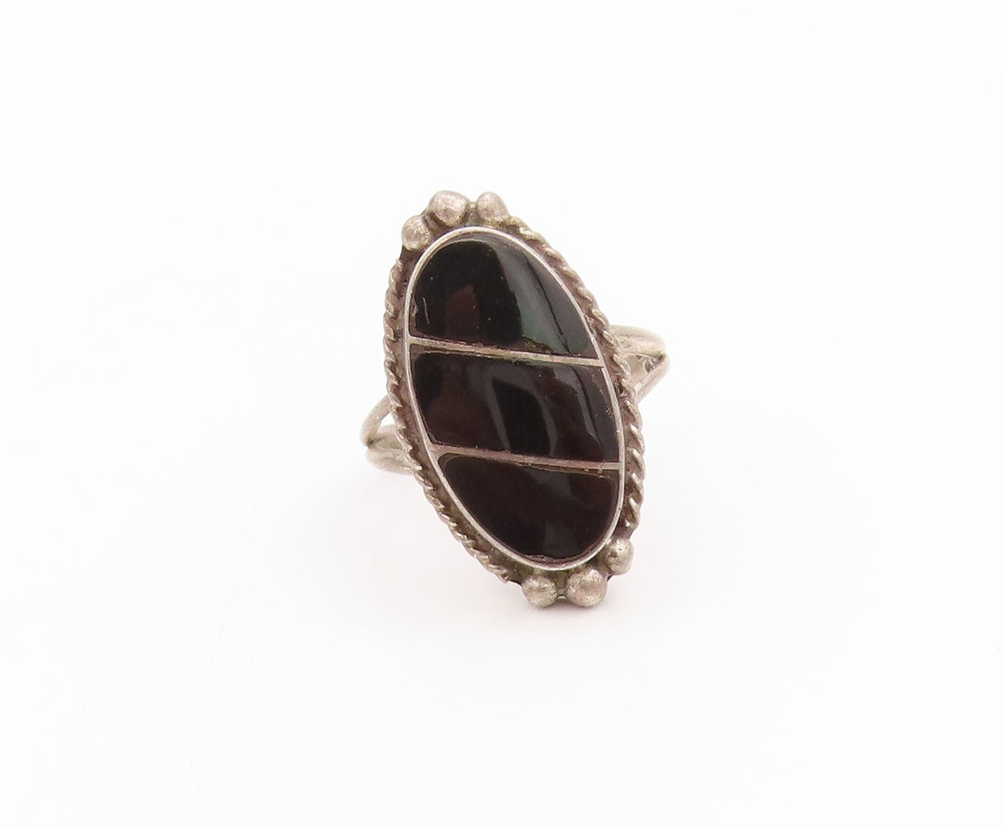 925 Sterling Silver Vintage Ring Onyx Inlay Rope Carved Frame  Sz 6  RG33378