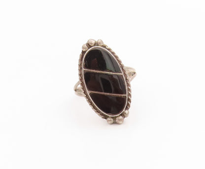 925 Sterling Silver Vintage Ring Onyx Inlay Rope Carved Frame  Sz 6  RG33378