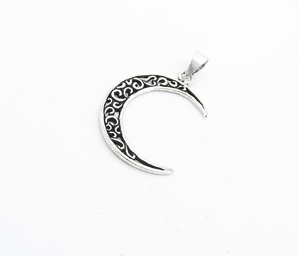 925 Sterling Silver Swirl Cutout Crescent Moon Design Drop Pendant PT5713