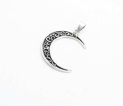 925 Sterling Silver Swirl Cutout Crescent Moon Design Drop Pendant PT5713