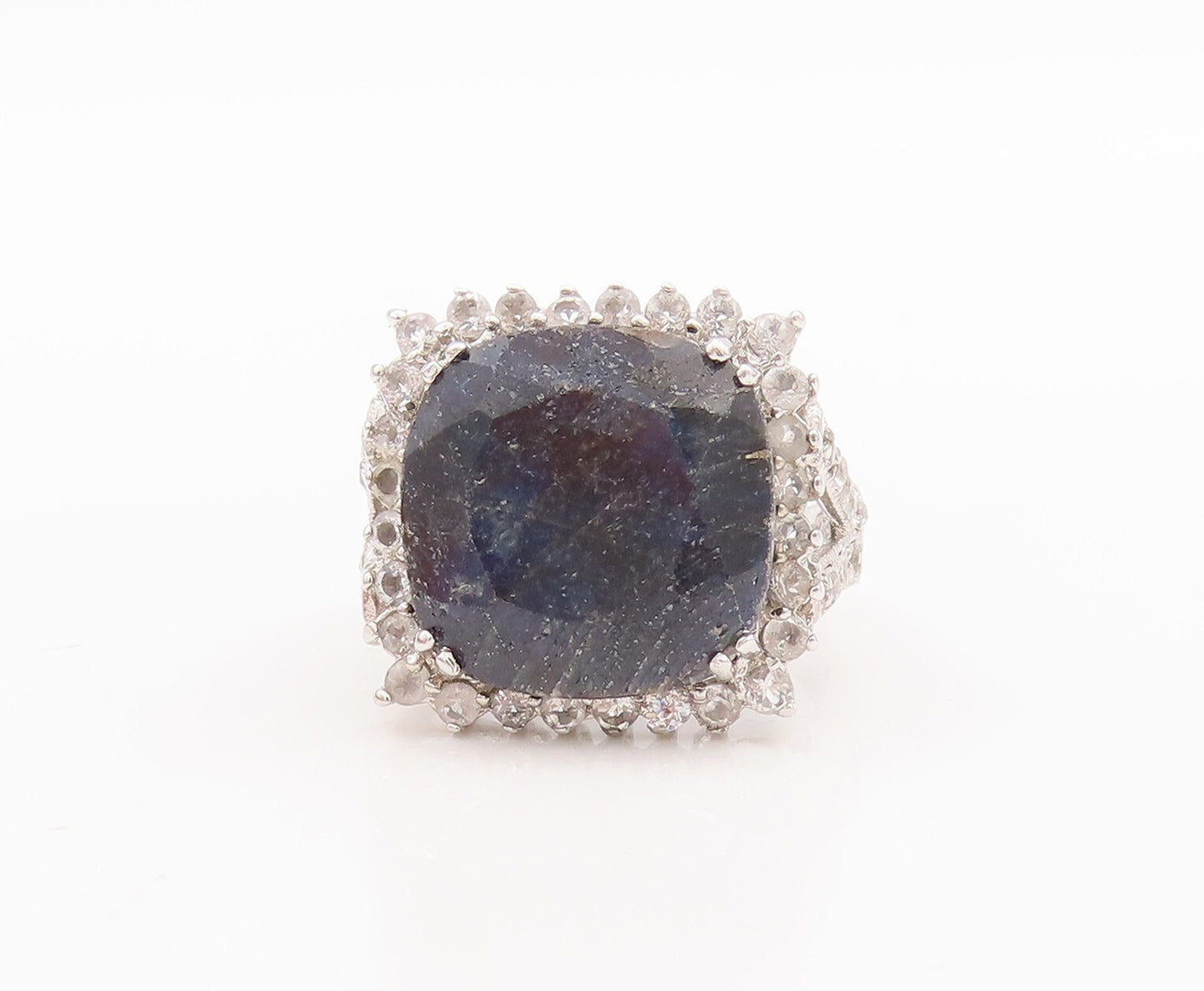 925 Sterling Silver Vintage Ring Square Blue Gemstone Halo Topaz  Sz 7  RG29416