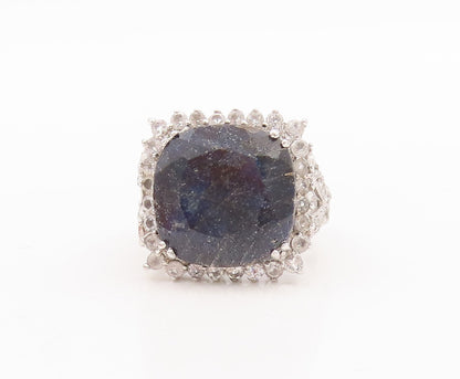925 Sterling Silver Vintage Ring Square Blue Gemstone Halo Topaz  Sz 7  RG29416
