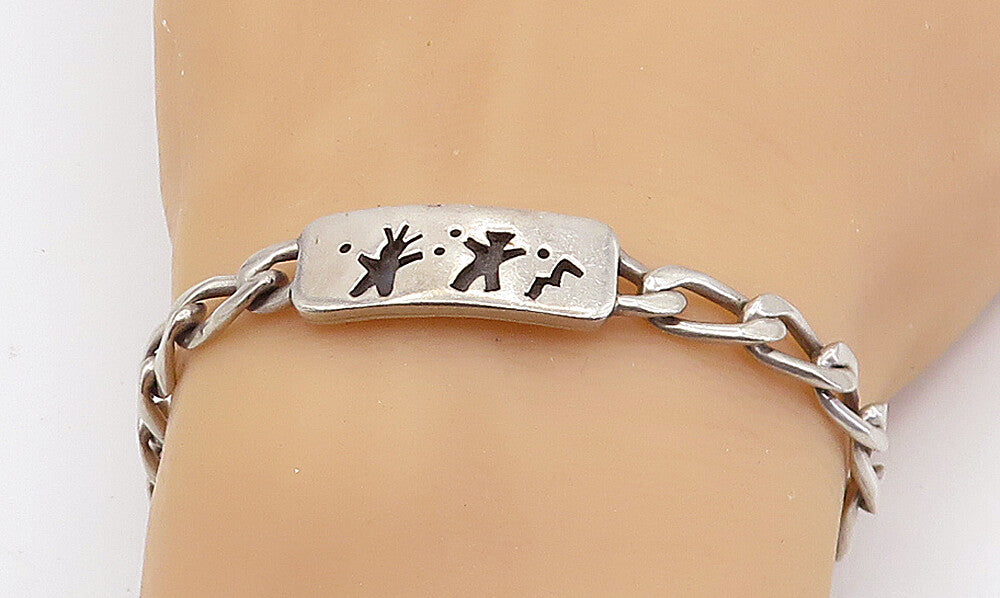 MEXICO 925 Silver  Vintage Oxidized Figures Curb Link Chain Bracelet  BT3023