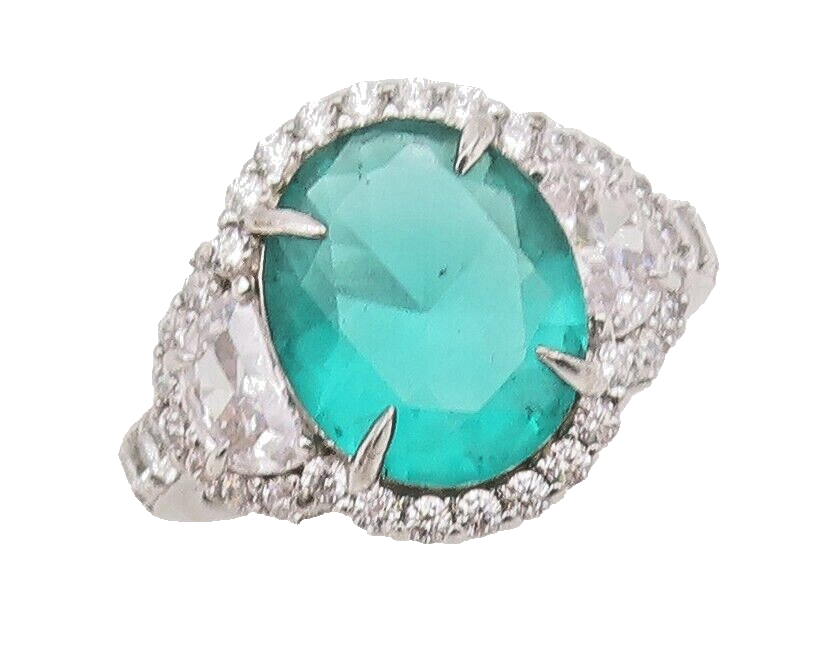 925 Sterling Silver Vintage Ring Oval Sea Green Halo White CZ Inlay Sz 7 RG30449