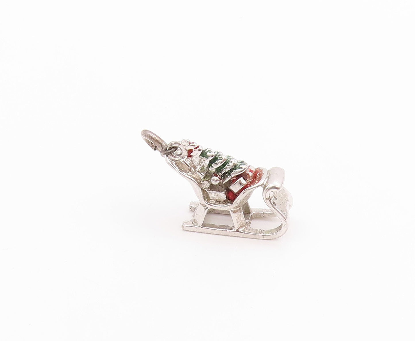 925 Sterling Silver Vintage Pendant Enameled Christmas Tree & Sled Charm PT24688