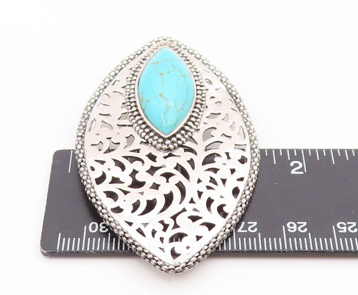 925 Sterling Silver Vintage Pendant Marquise Cut Turquoise Openwork Leaf PT25842