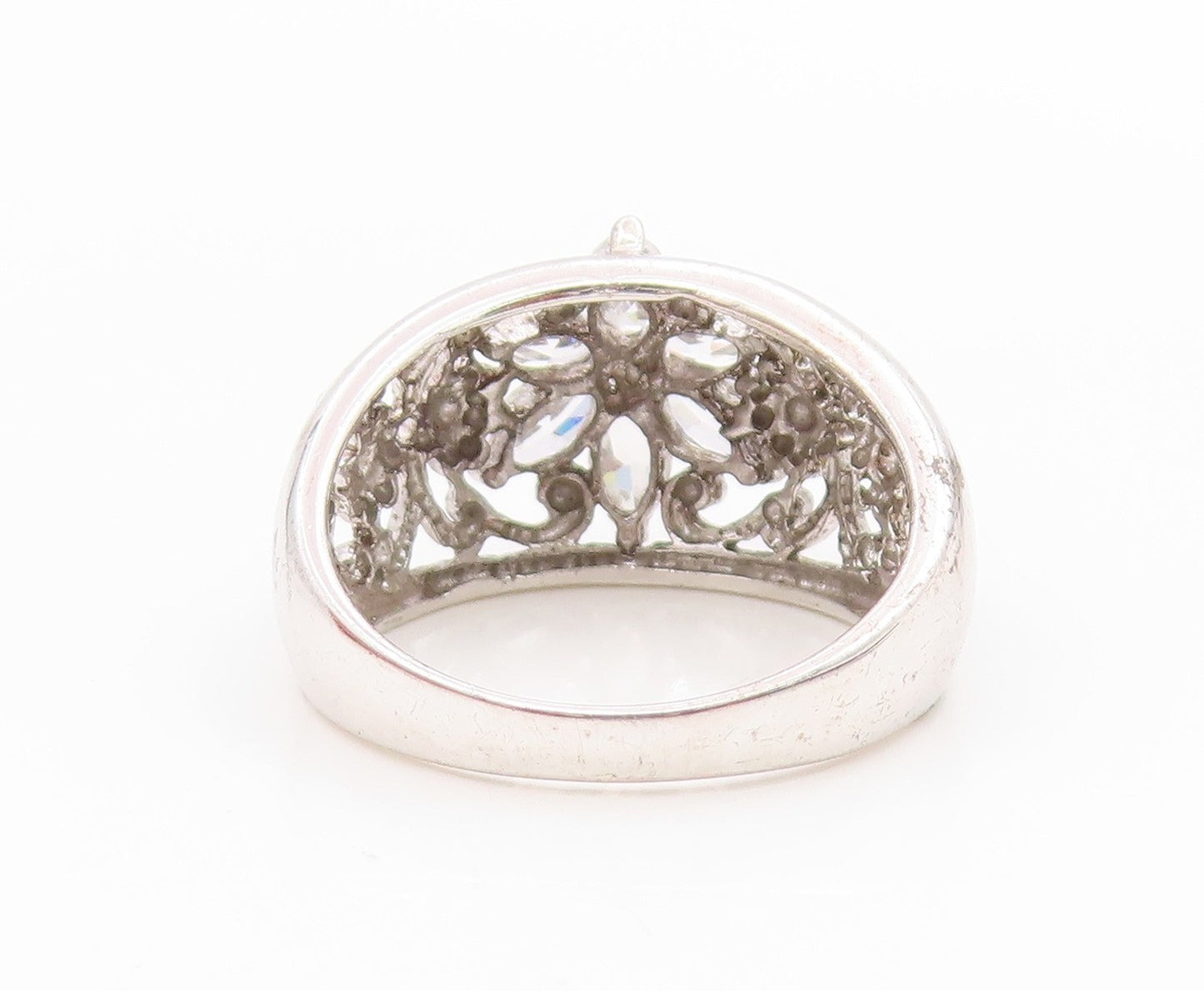 925 Sterling Silver Vintage Ring CZ Elegant Floral Scrollwork Band Sz 7 RG34607