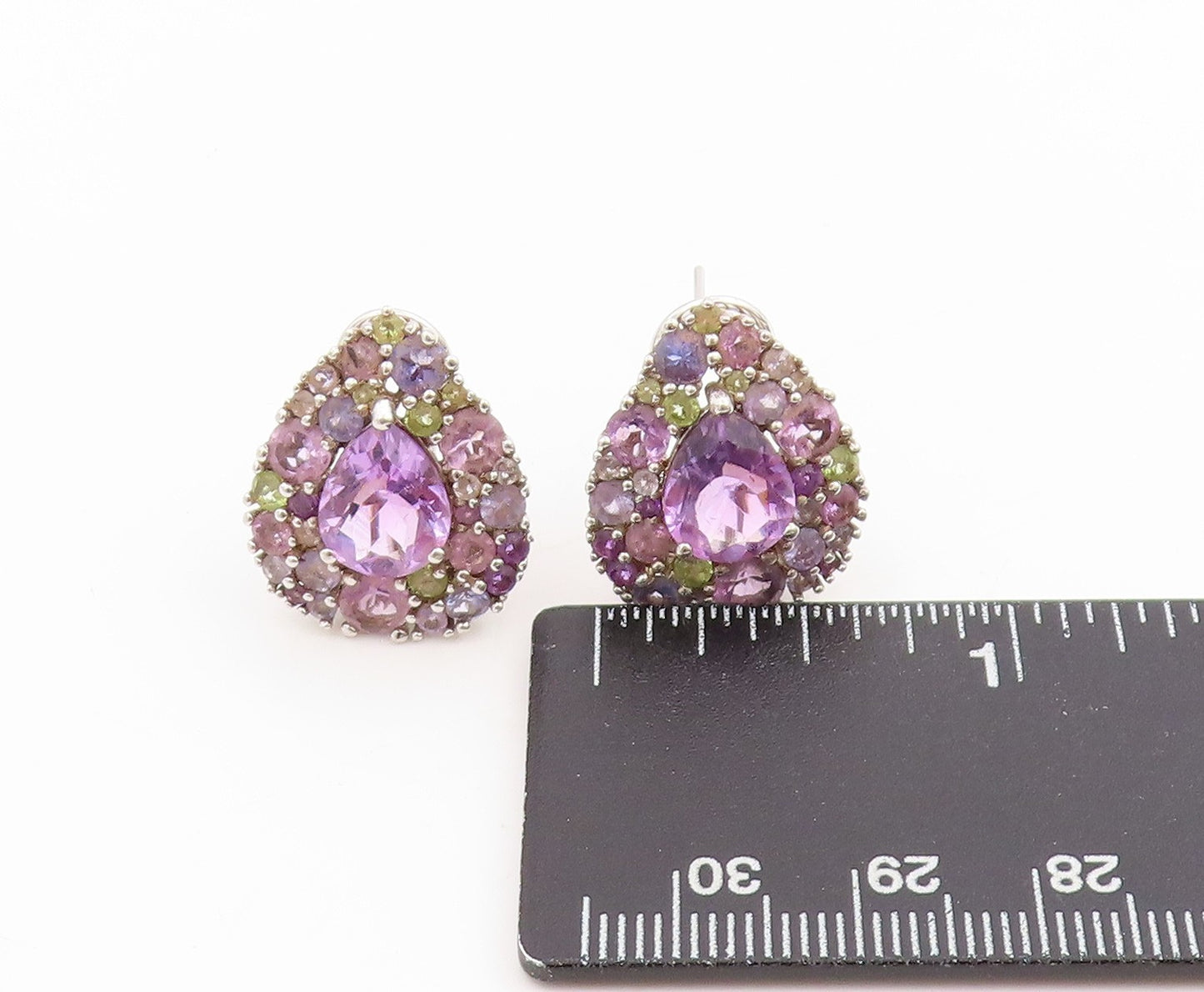 925 Sterling Silver Vintage Earrings Muti Gemstone Teardrop Cluster Stud EG13769